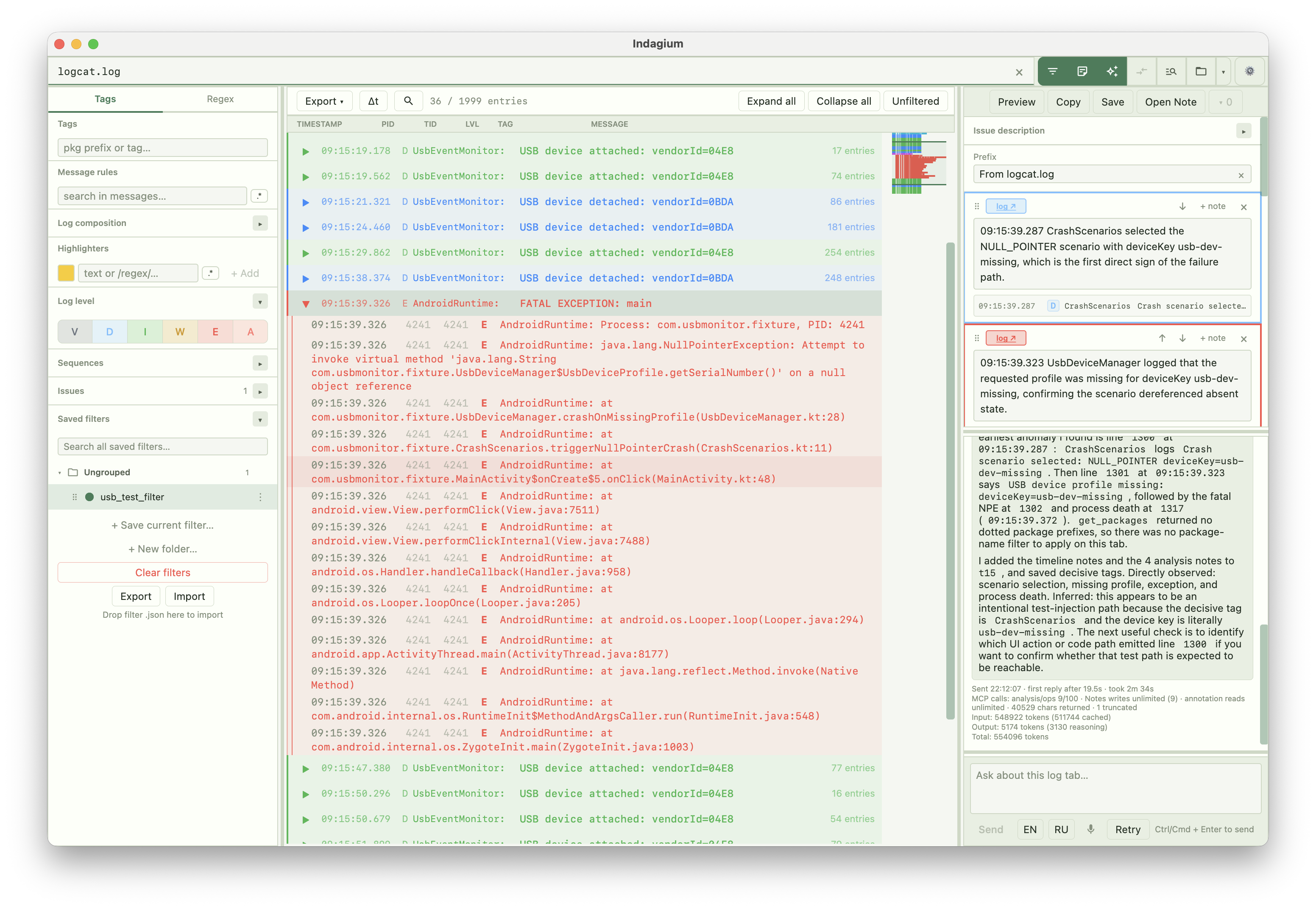Indagium showing an Android log, a crash trace, annotations, and an AI investigation.