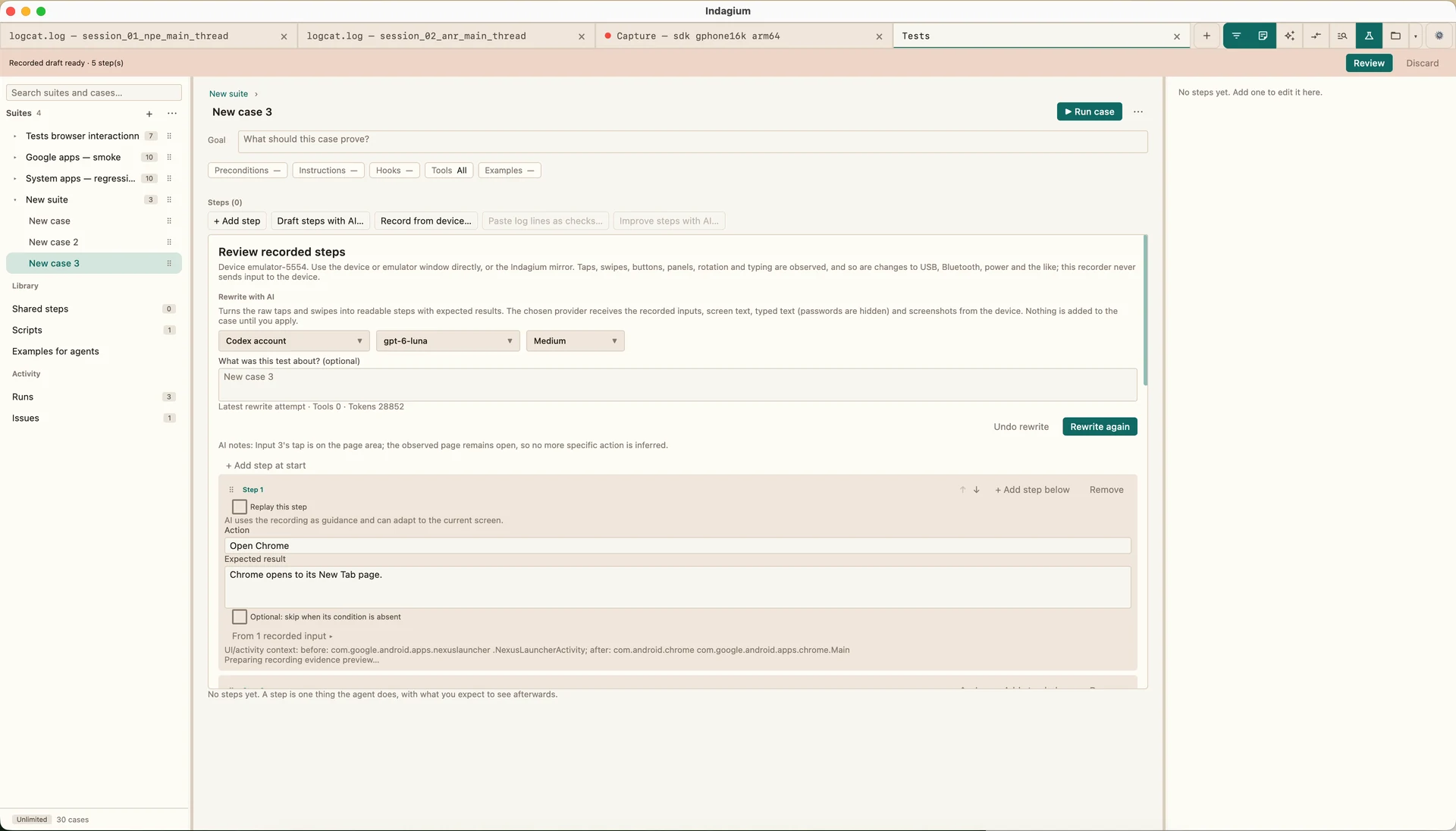 Reviewing recorded Android actions as editable test steps in Indagium.