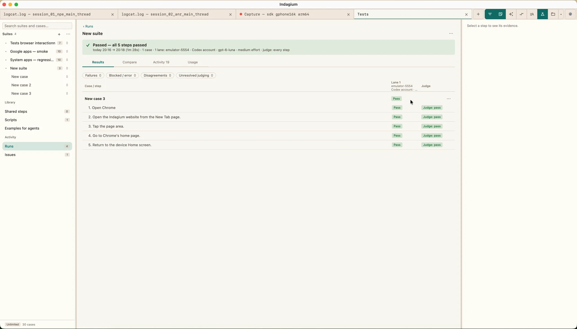 Indagium results matrix showing a five-step Android case passed with per-step agent and judge verdicts.