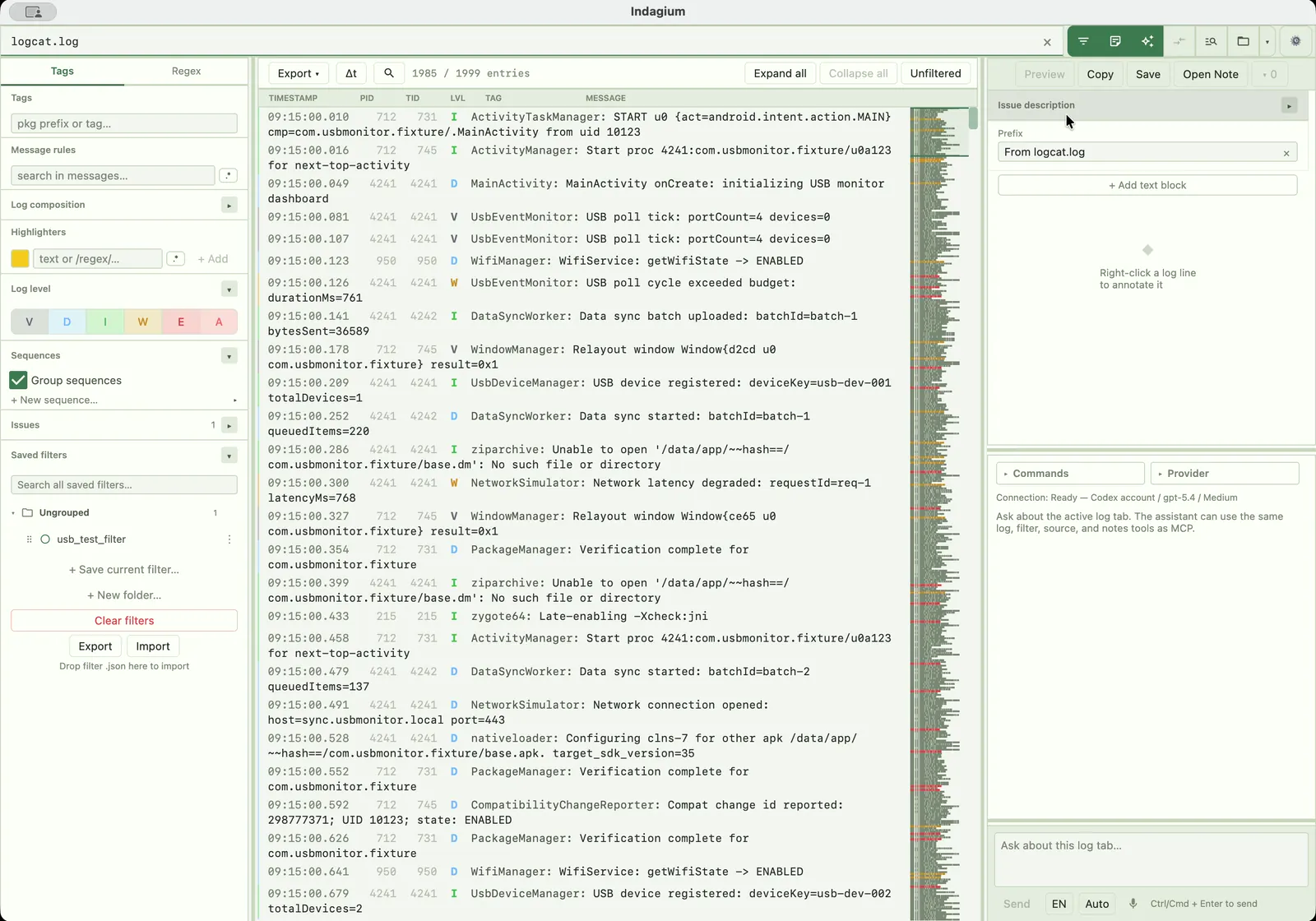 Indagium's investigation workspace with an Android log and assistant context.