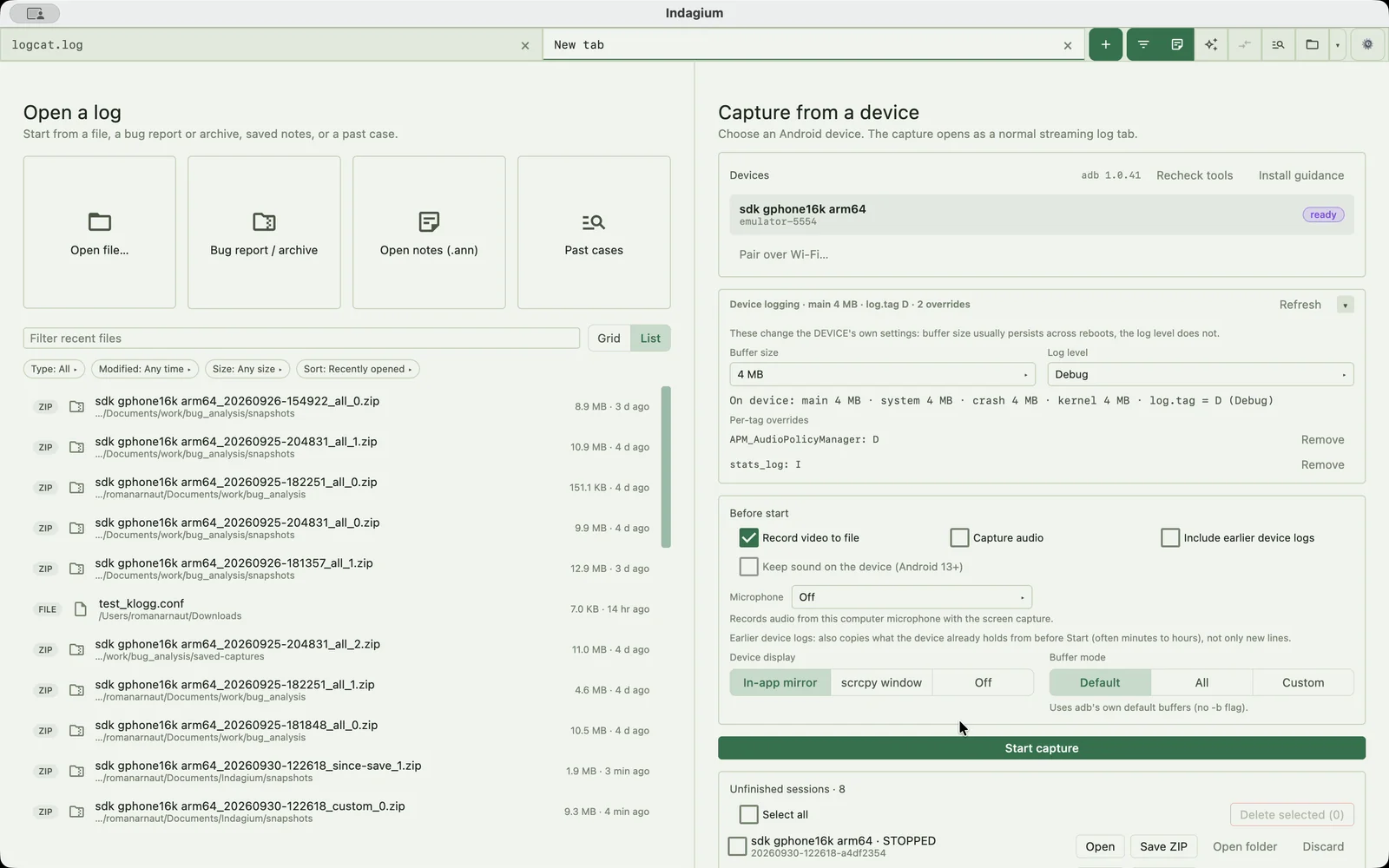 The New capture launcher in Indagium, showing an available Android device, Wi-Fi pairing, device logging, recording options, and Start capture.