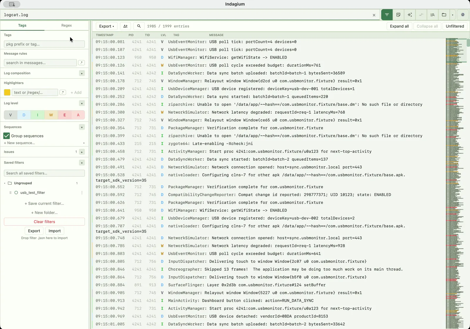 Indagium filtering an Android log by level, tag, package, and message.