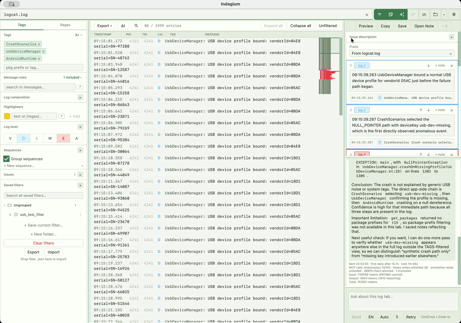 Indagium annotating an Android log and preparing an export.