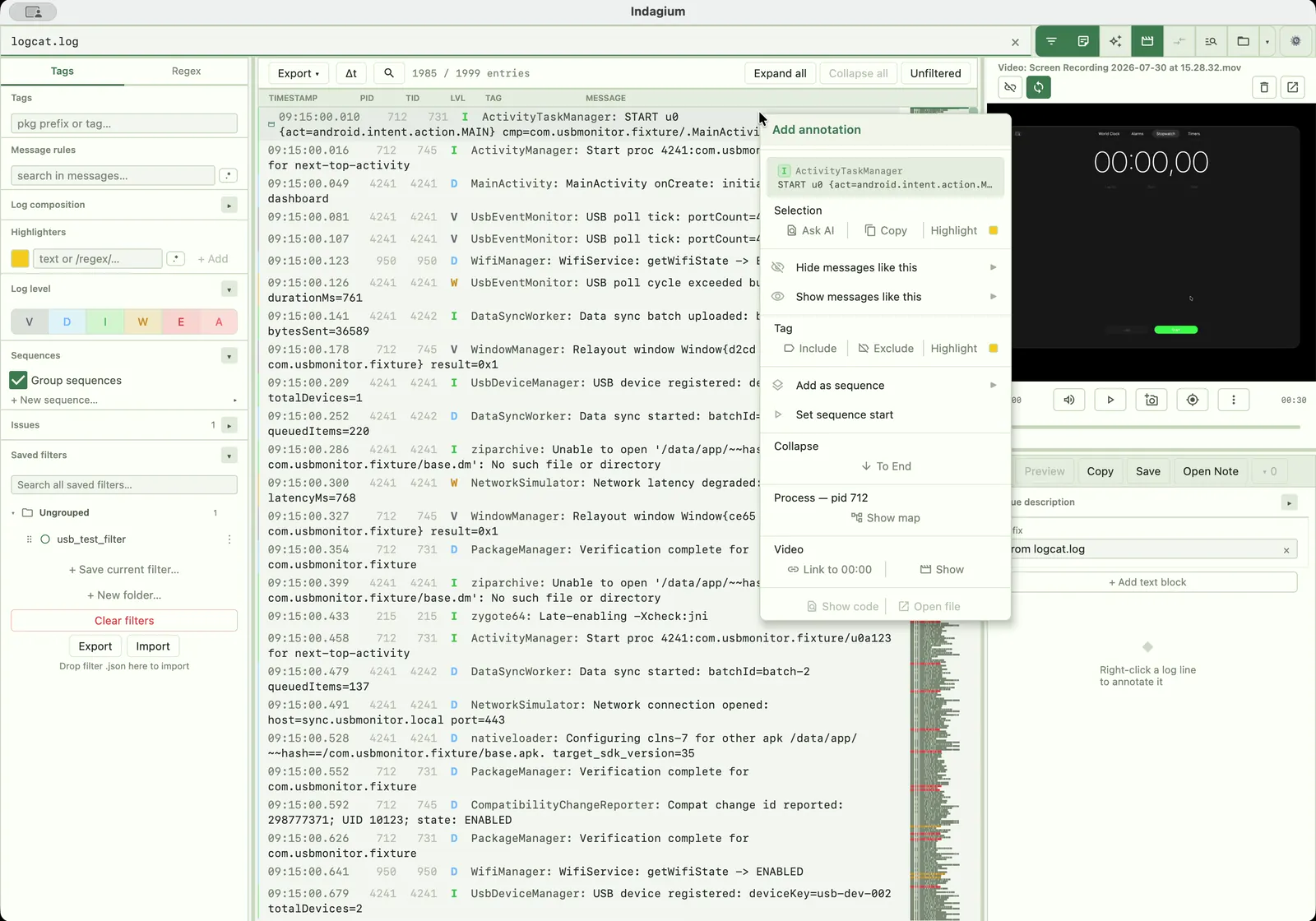Indagium synchronizing a screen recording with an Android log line.