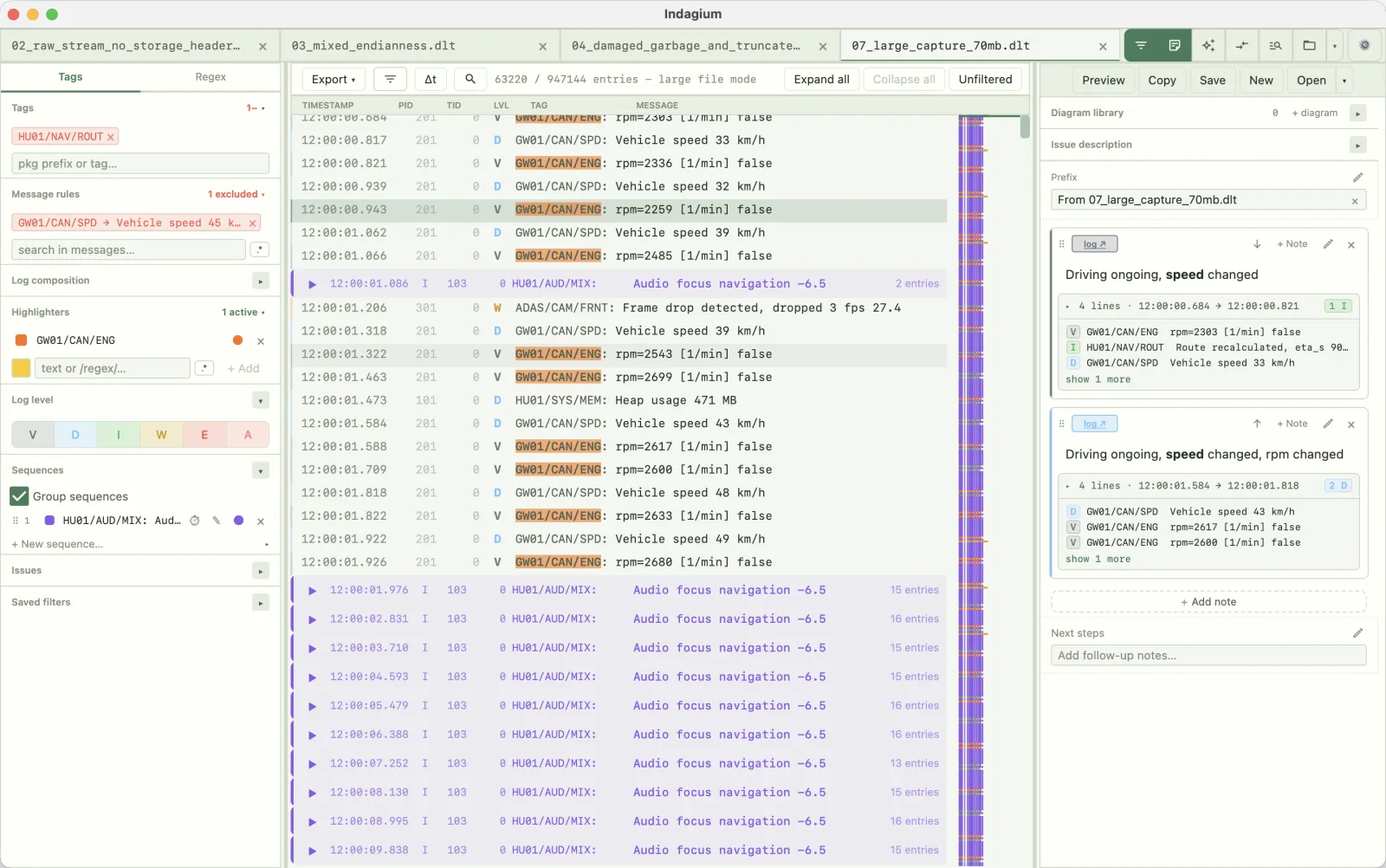 Indagium showing a 947,144-entry DLT capture filtered by ECU/app/context tag, with a highlighter, folded sequences, and linked notes.