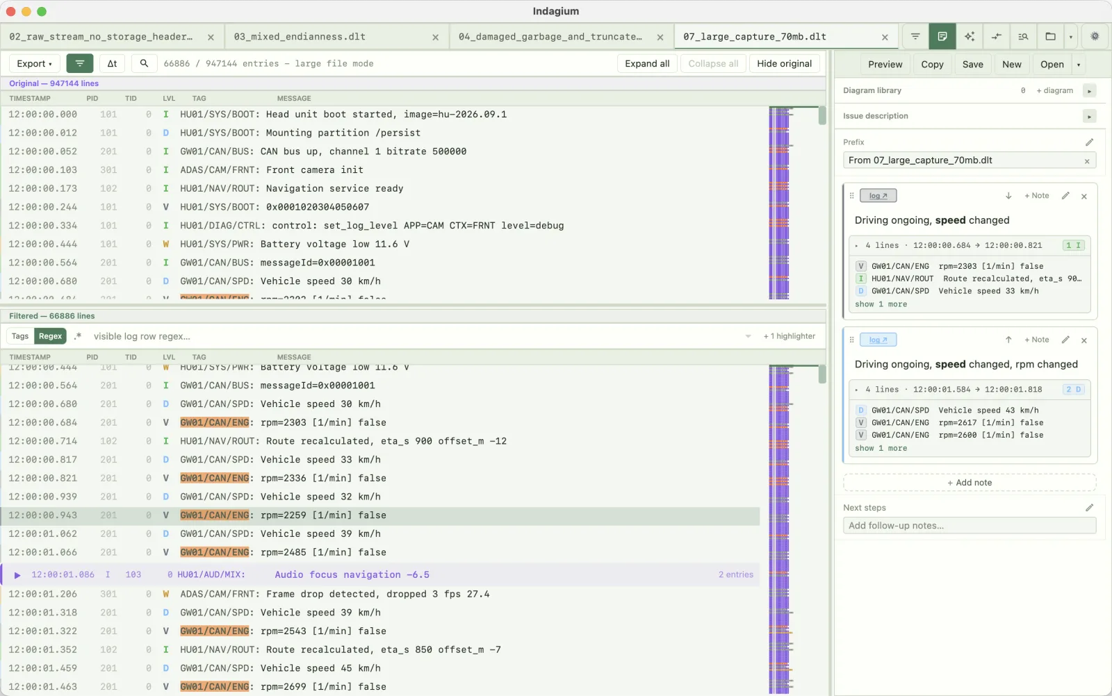 Original / Filtered split on a DLT capture, with a regex filter on the filtered half and notes alongside.