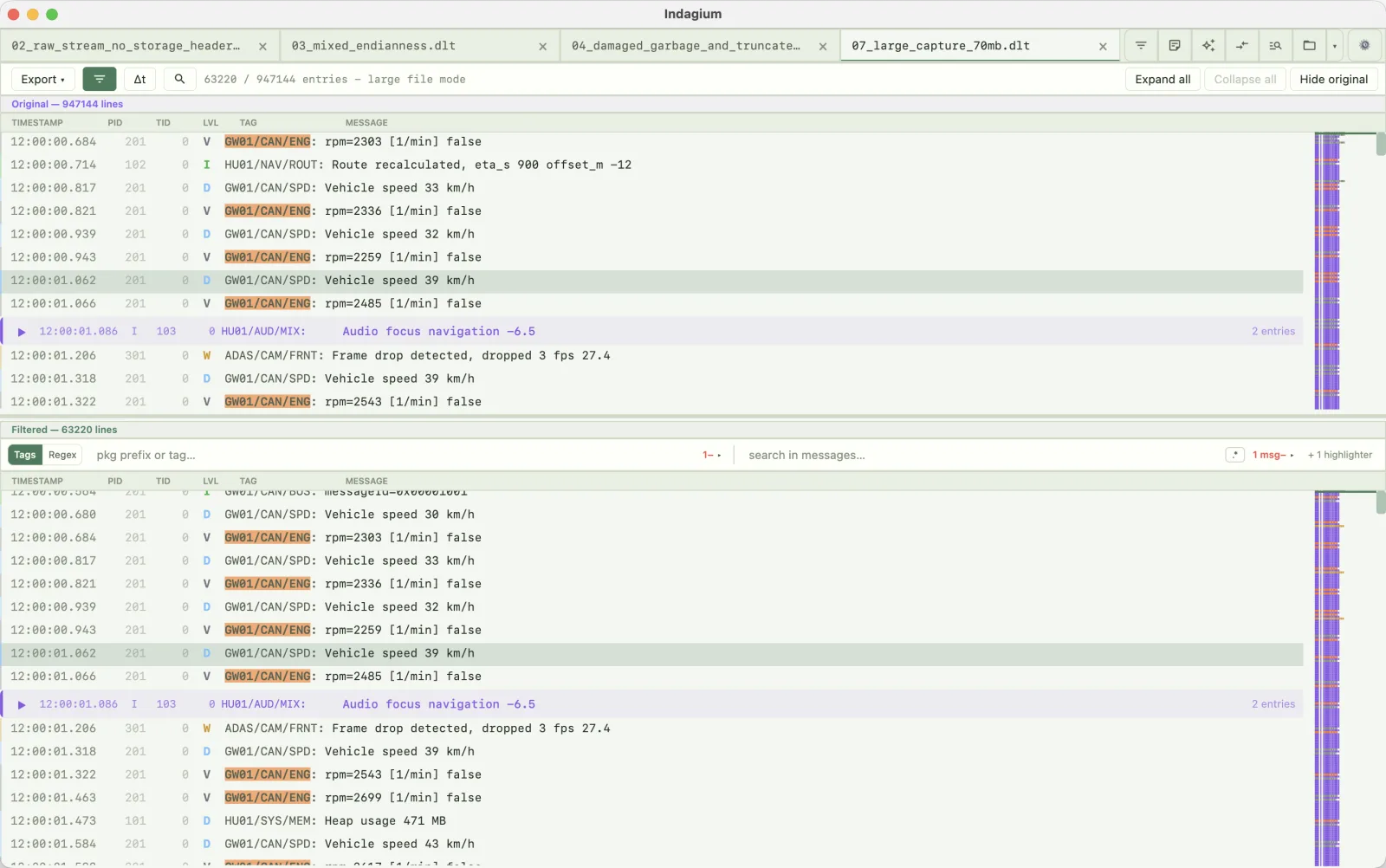 A DLT capture in Original / Filtered split view, with tag and message filters above the filtered half.