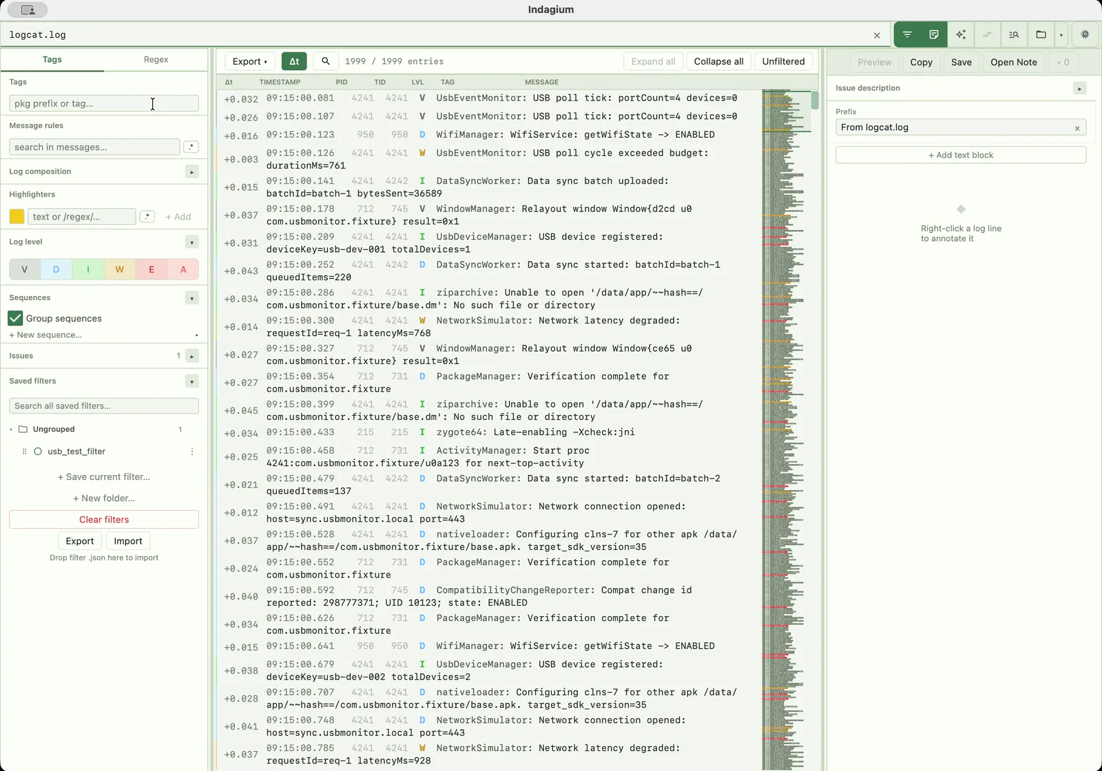Indagium showing an Android log, a crash trace, annotations, and an AI investigation.
